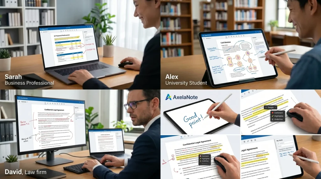 Multiple use cases of AxelaNote: A business professional using a laptop to annotate a financial report, a university student using a tablet to annotate a scientific document, and a law professional reviewing a legal agreement on a desktop computer, all featuring AxelaNote’s PDF annotation tools.