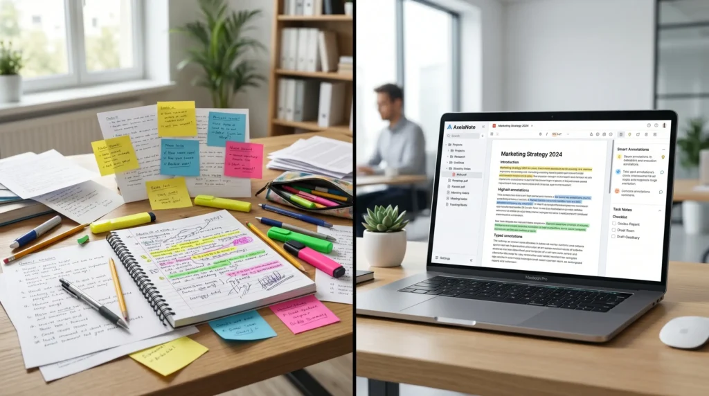 Comparison of AxelaNote and traditional note-taking tools, with scattered paper notes, sticky notes, and a notebook on one side, and a sleek digital tablet showing AxelaNote's organized PDF highlights and task management on the other.